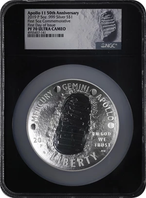 image for: 2019-P Apollo 11 50th Anniversary 5-Ounce Silver Dollar. First Day of Issue. Proof-70 Ultra Cameo (NGC).
