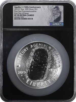 image for: 2019-P Apollo 11 50th Anniversary 5-Ounce Silver Dollar. First Day of Issue. Proof-70 Ultra Cameo (NGC).