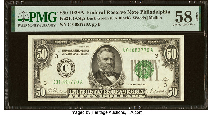image for: Fr. 2101-C $50 1928A Federal Reserve Note. PMG Choice About Unc 58 EPQ....