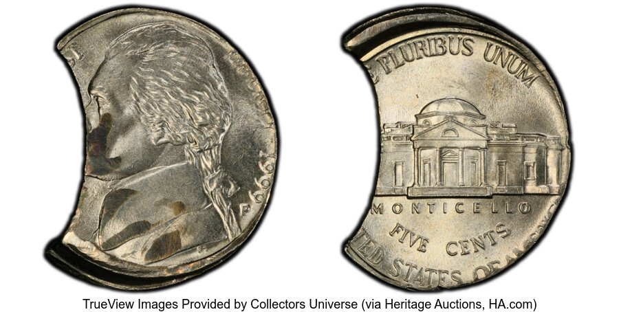 image for: 1999-P 5C Jefferson Nickel -- Struck 5% Off-Center, 20% Curved Clip -- MS60 PCGS. PCGS Population: (0/30)....