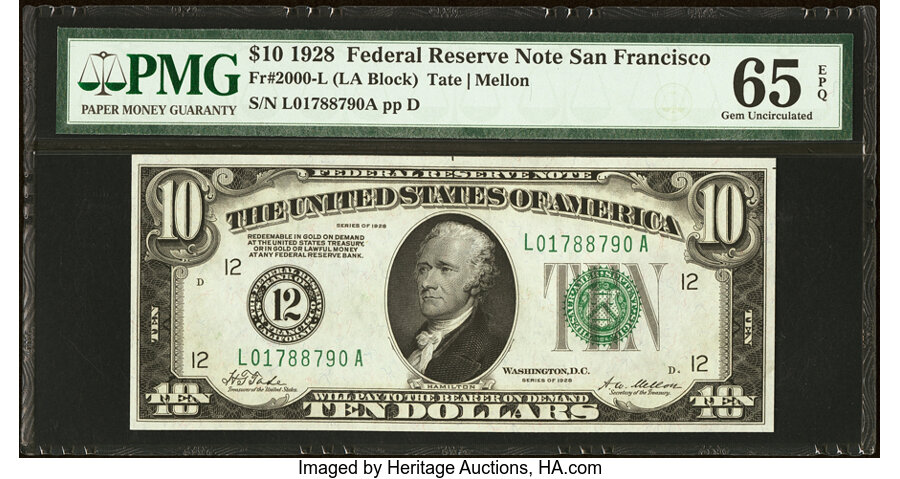image for: Fr. 2000-L $10 1928 Federal Reserve Note. PMG Gem Uncirculated 65 EPQ....
