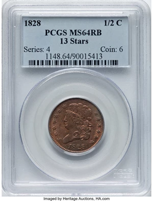 image for: 1828 1/2 C 13 Stars, C-3, B-2, R.1, MS64 Red and Brown PCGS. PCGS Population: (82/10). Mintage 606,000....
