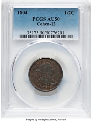 image for: 1804 1/2 C Crosslet 4, No Stems, C-12, B-11, R.2, AU50 PCGS. PCGS Population: (2/14)....