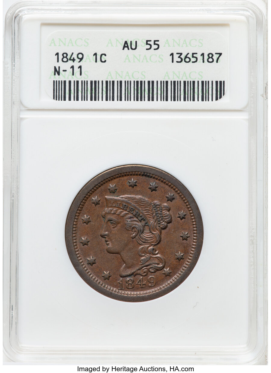 image for: 1849 1C N-11, R.1, AU55 ANACS. Housed in a small-sized holder. Mintage 4,178,500....