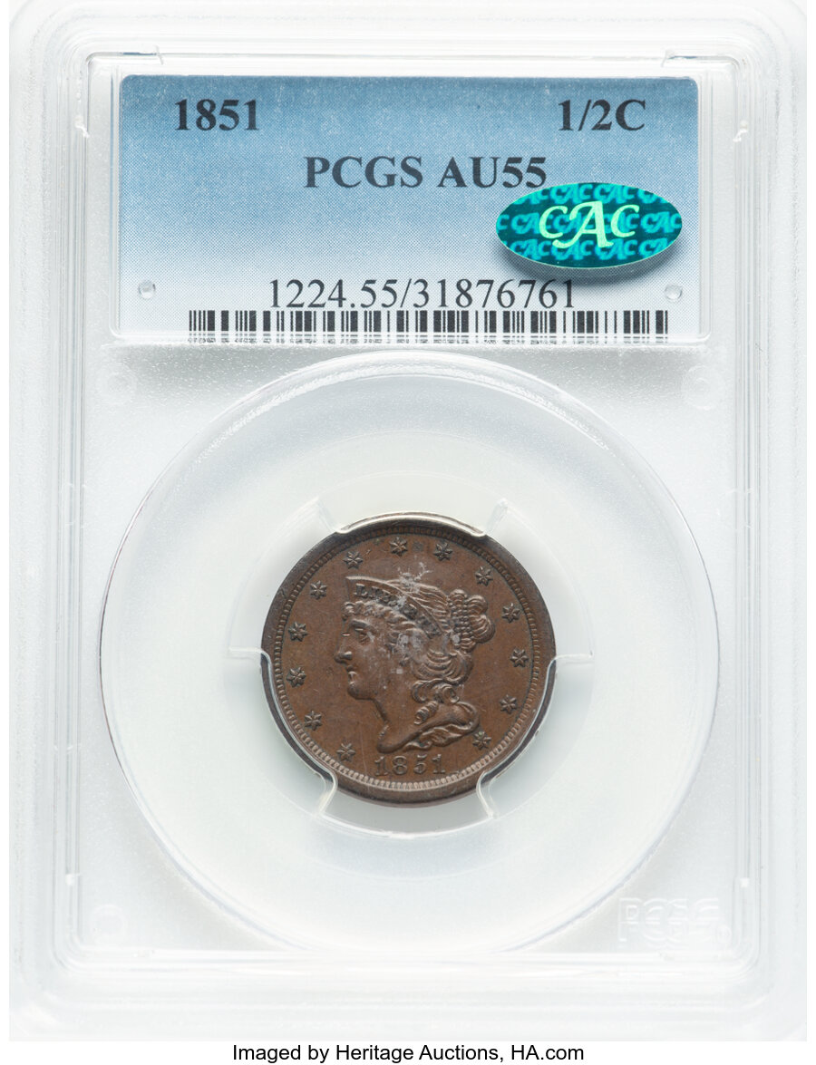 image for: 1851 1/2 C C-1, B-1, R.1, AU55 PCGS. CAC.  Mintage 147,672....