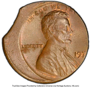 image for: 197X 1C Lincoln Cent -- Struck 20% Off-Center, 3% Curved Clip -- MS63 Brown PCGS. PCGS Population: (2/7 and 0/0+)....