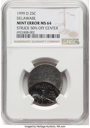 image for: 1999-D 25C Delaware Quarter -- Struck 50% Off Center -- MS64 NGC....