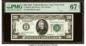 image for: Fr. 2050-B $20 1928 Federal Reserve Note. PMG Superb Gem Unc 67 EPQ....