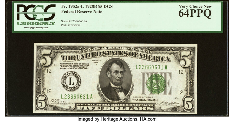 image for: Fr. 1952-L $5 1928B Federal Reserve Note. PCGS Very Choice New 64PPQ....