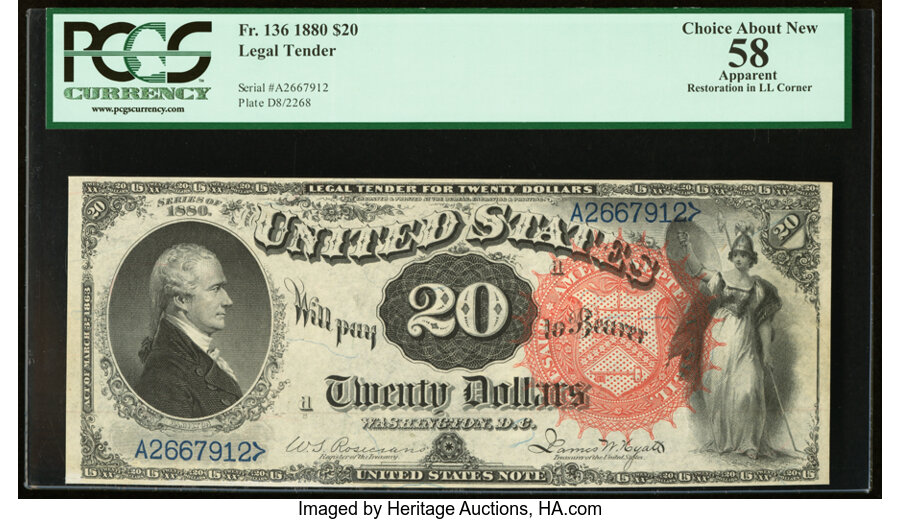 image for: Fr. 136 $20 1880 Legal Tender PCGS Apparent Choice About New 58....