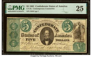 image for: R. Liddle's Advertising Note CT33/250 Contemporary Counterfeit $5 1861 PMG Very Fine 25....