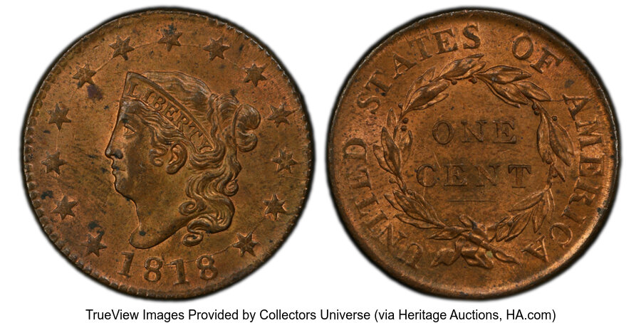 image for: 1818 1C  N-10, R.1, MS62 Red and Brown PCGS. PCGS Population: (2/14 and 0/1+)....