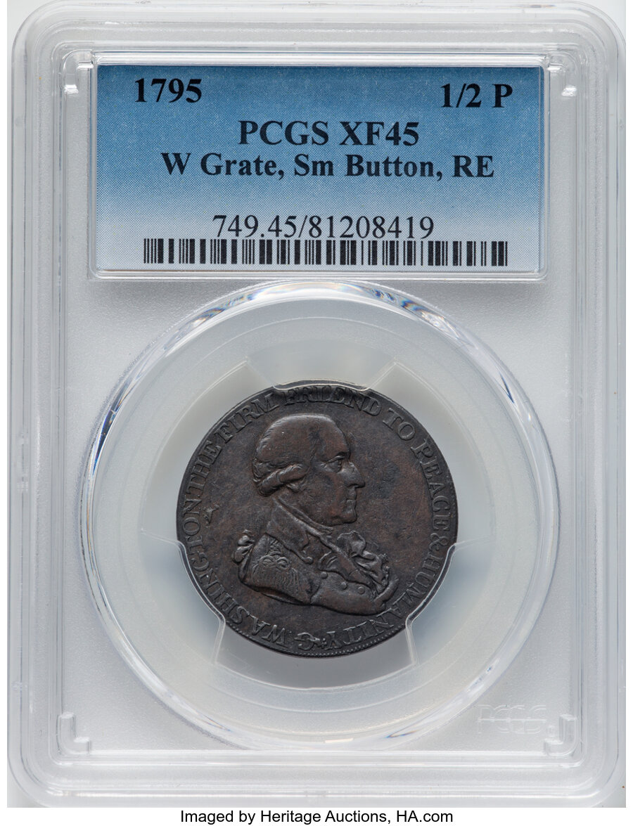 image for: 1795 1/2 P Washington Grate Halfpenny, Small Buttons, Reeded Edge, XF45 PCGS. Baker-29D, W-10950, GW-50, R.4. PCGS Populati...