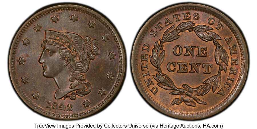 image for: 1842 1C Small Date, N-2, R.1, MS64 Brown PCGS. Incorrectly designated as a Large Date by PCGS. Mintage 2,383,390....