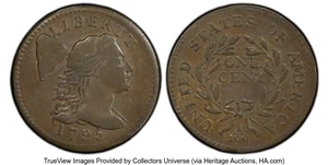 image for: 1795 1C Plain Edge, S-76b, B-4b, R.1, AU50 PCGS. Sheldon-76b is characterized by the placement of the 5 with its flag overl...