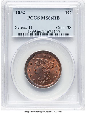 image for: 1852 1C N-22, N-9, R.1, MS66 Red and Brown PCGS. PCGS Population: (11/1). Mintage 5,063,094....