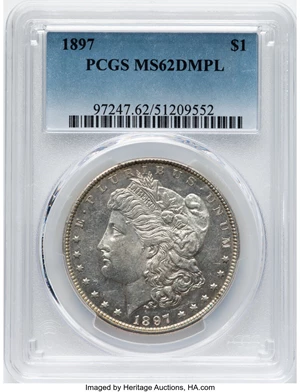 image for: 1897 $1 MS62 Deep Mirror Prooflike PCGS. PCGS Population: (42/185). Mintage 2,822,731. ...
