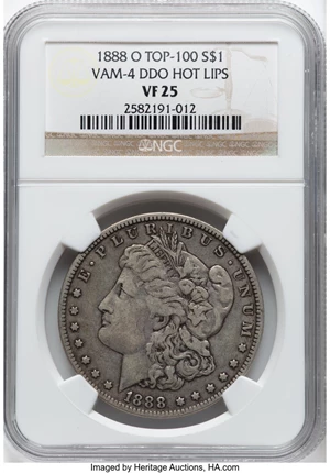 image for: 1888-O $1 Hot Lips, Doubled Die Obverse, VAM-4, VF25 NGC. A Top 100 Variety. NGC Census: (94/702)....