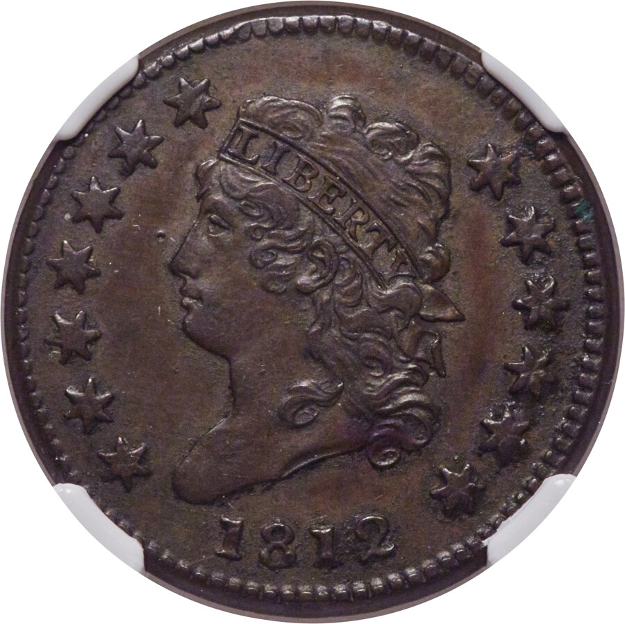 image for: 1812 1C Small Date, S-290, B-2, R.1, AU50 NGC. NGC Census: (7/75).  Mintage 1,075,500....