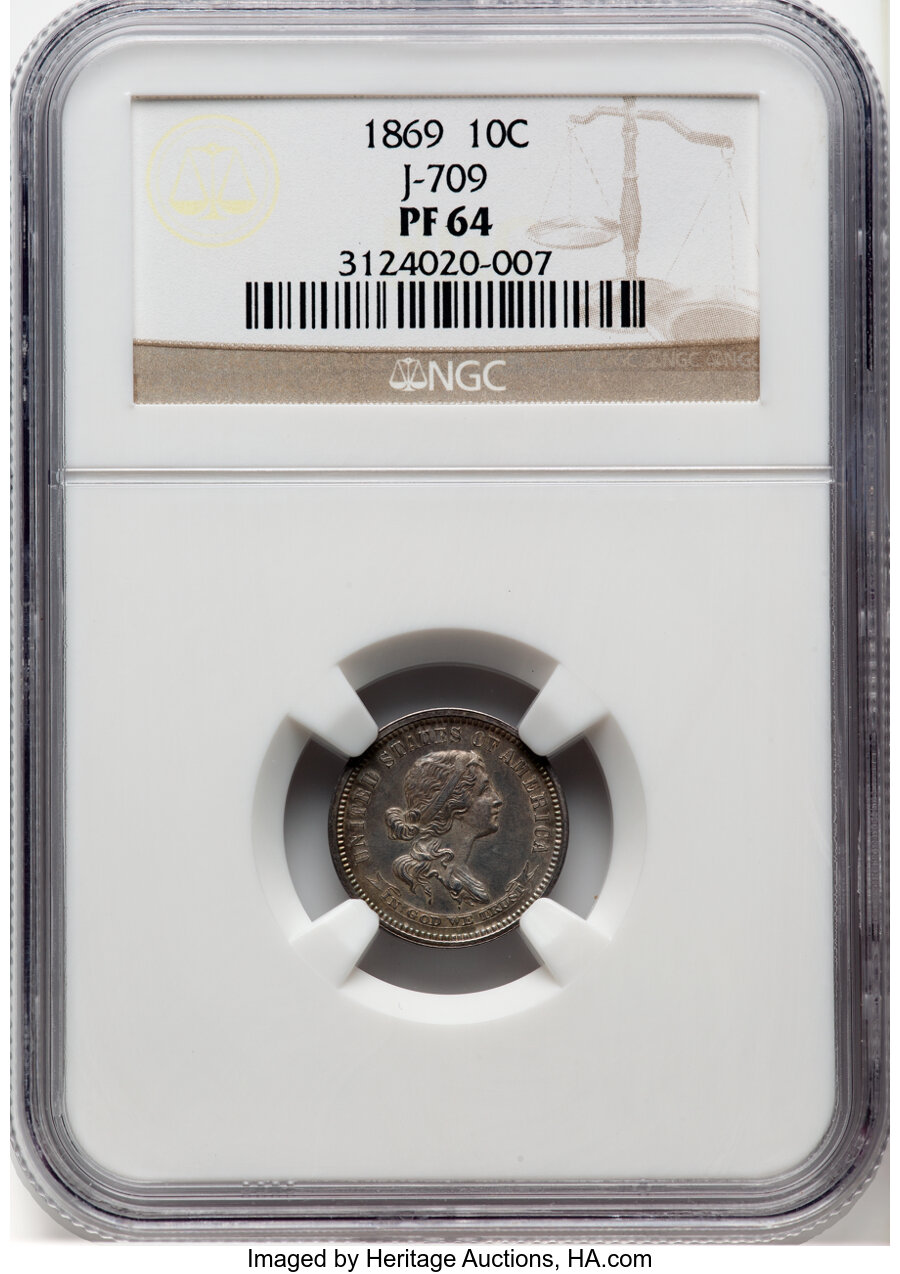 image for: 1869 10C Standard Silver Dime, Judd-709, Pollock-788, High R.6, PR64 NGC. NGC Census: (2/5).  ...