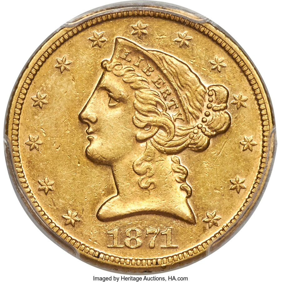 image for: 1871 $5 AU58 PCGS....