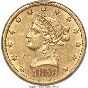 image for: 1858-S $10 AU55 PCGS....