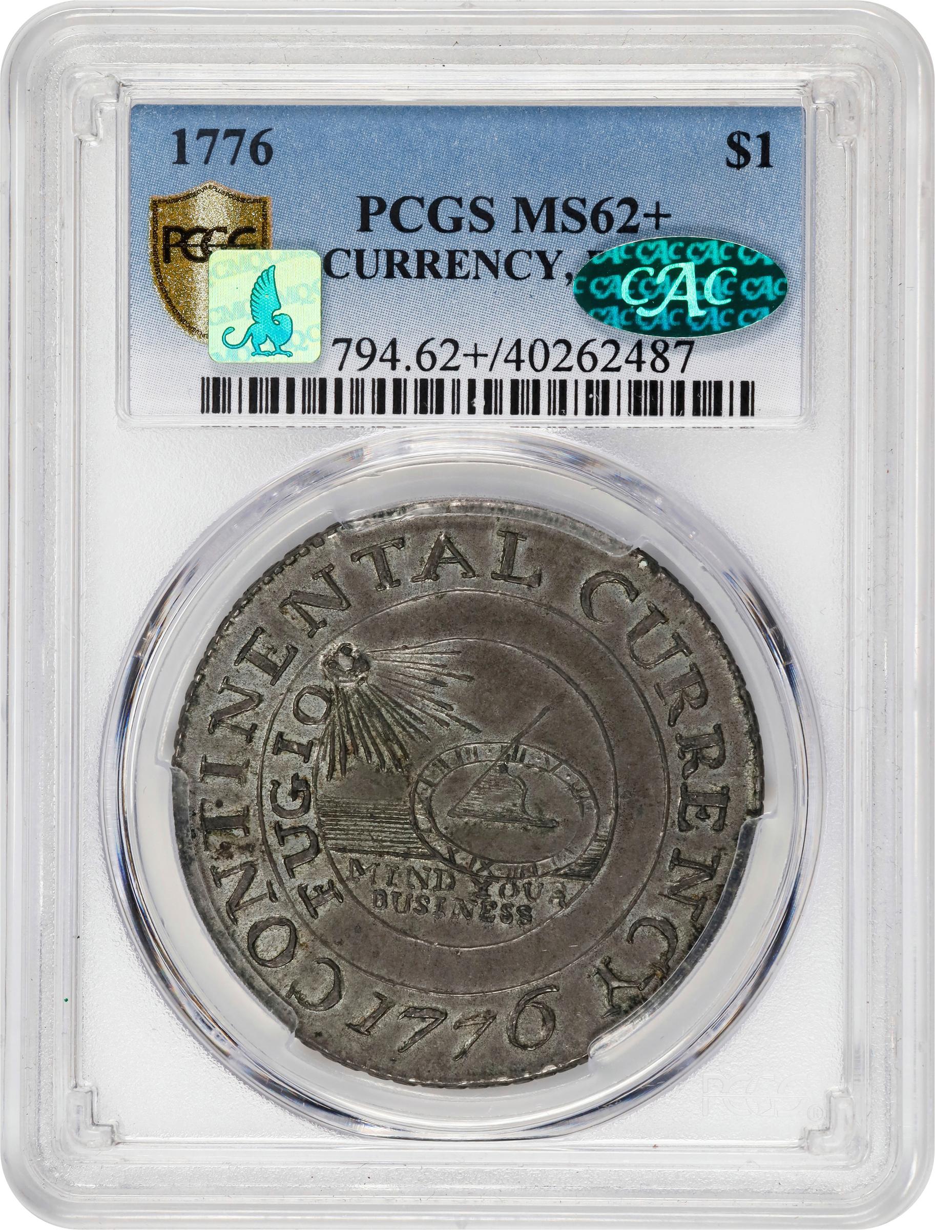 image for: "1776" (1783) Continental Dollar. Newman 2-C, W-8455. Rarity-3. CURRENCY. Pewter. MS-62+ (PCGS). CAC. CMQ.