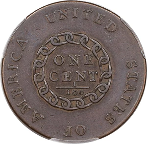 image for: 1793 Flowing Hair Cent. Chain Reverse. S-2, B-2. Rarity-4+. AMERICA, Without Periods. EF-40 (PCGS). CAC.