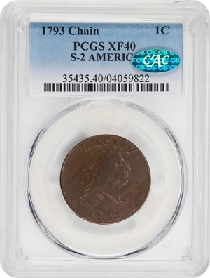 image for: 1793 Flowing Hair Cent. Chain Reverse. S-2, B-2. Rarity-4+. AMERICA, Without Periods. EF-40 (PCGS). CAC.