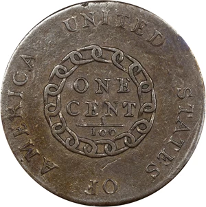 image for: 1793 Flowing Hair Cent. Chain Reverse. S-4, B-5. Rarity-3. AMERICA, With Periods. VF-30 (PCGS).