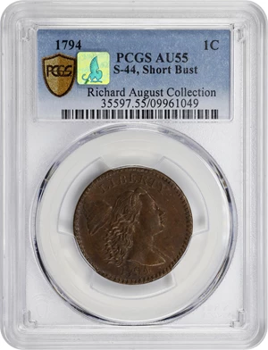 image for: 1794 Liberty Cap Cent. S-44, B-33. Rarity-1. Head of 1794, Short Bust. AU-55 (PCGS). CMQ.