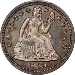 image for: 1859 Liberty Seated Dime. Transitional. Judd-233, Pollock-280. Rarity-6+. Silver. Reeded Edge. Proof-63 (PCGS). CMQ.