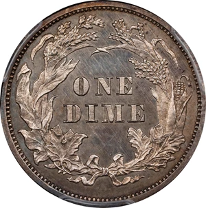 image for: 1859 Liberty Seated Dime. Transitional. Judd-233, Pollock-280. Rarity-6+. Silver. Reeded Edge. Proof-63 (PCGS). CMQ.