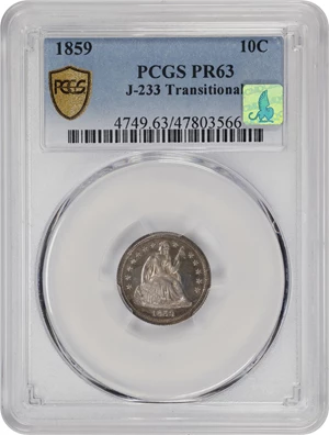 image for: 1859 Liberty Seated Dime. Transitional. Judd-233, Pollock-280. Rarity-6+. Silver. Reeded Edge. Proof-63 (PCGS). CMQ.
