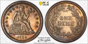 image for: 1859 Liberty Seated Dime. Transitional. Judd-233, Pollock-280. Rarity-6+. Silver. Reeded Edge. Proof-63 (PCGS). CMQ.