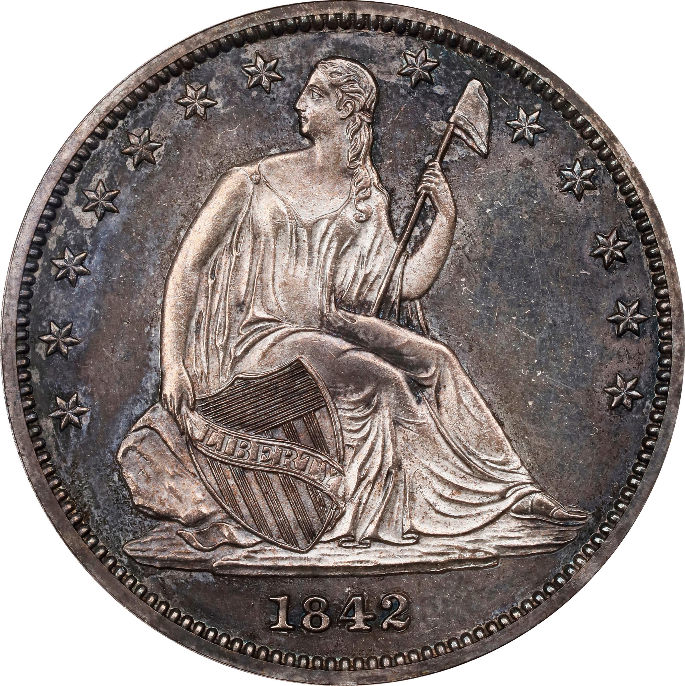 image for: 1842 Liberty Seated Half Dollar. WB-101. Rarity-7 as a Proof. Small Date, Large Letters (a.k.a. Reverse of 1842). Proof-64 (NGC).