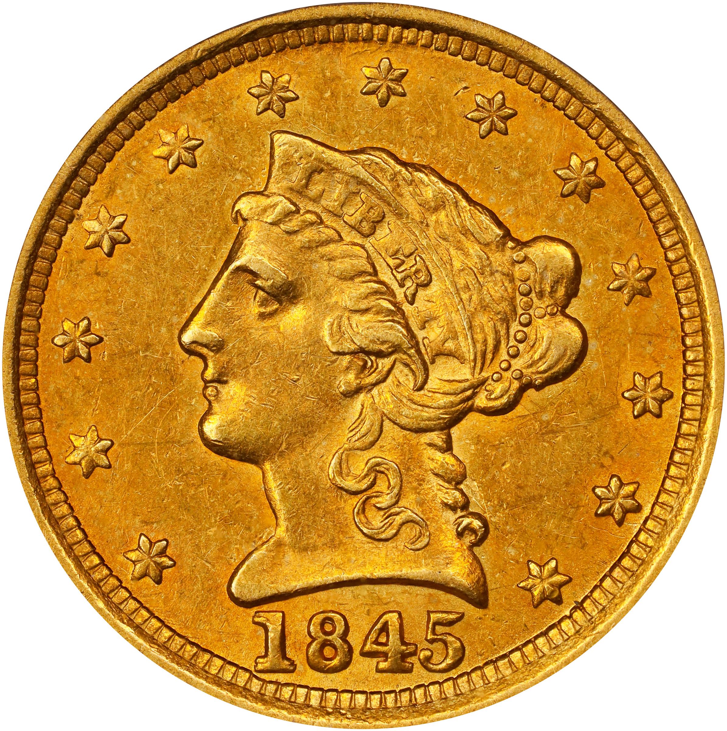 image for: 1845-O Liberty Head Quarter Eagle. Winter-1. Repunched Date. AU-55 (PCGS). CAC.