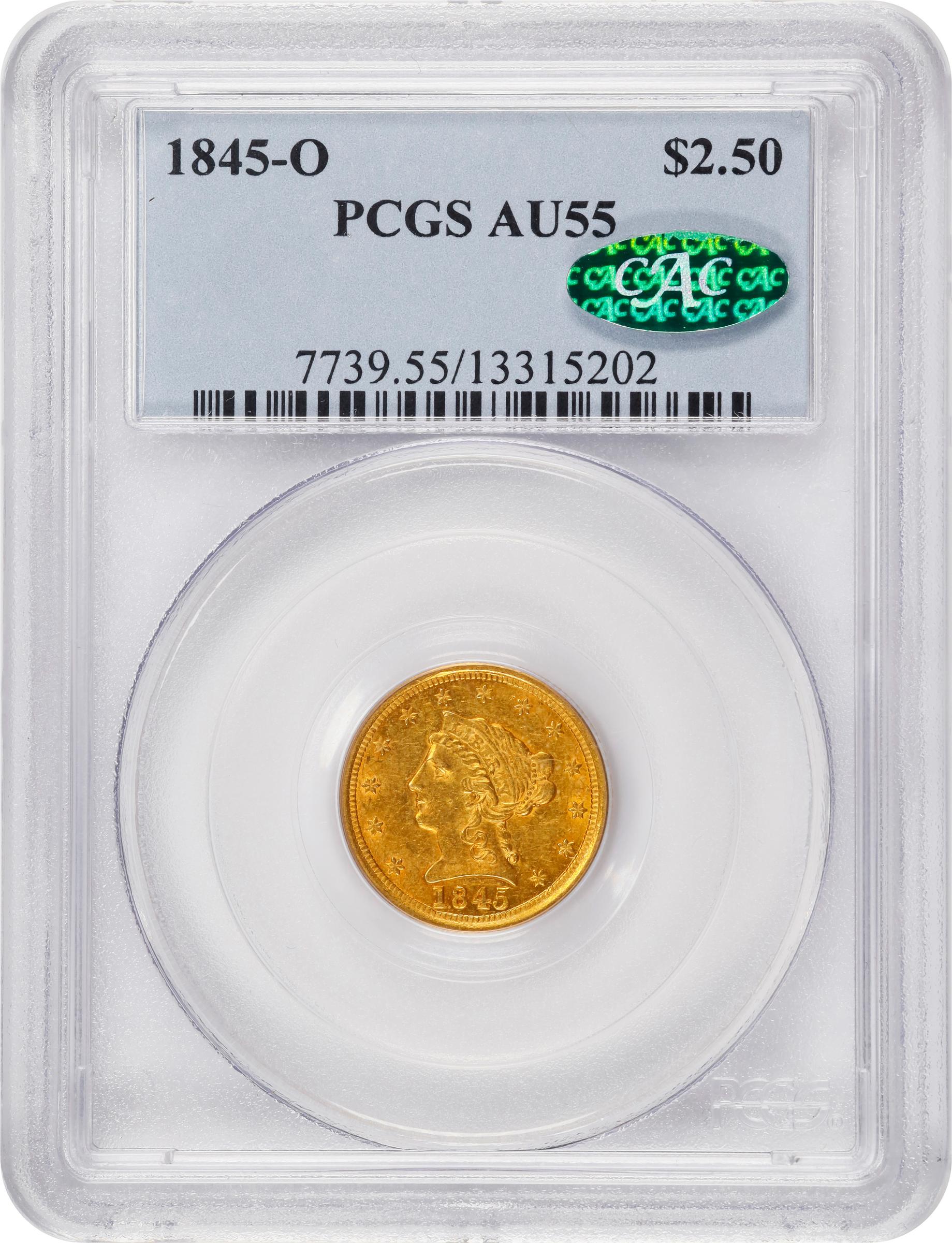 image for: 1845-O Liberty Head Quarter Eagle. Winter-1. Repunched Date. AU-55 (PCGS). CAC.