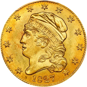 image for: 1827 Capped Head Left Half Eagle. BD-1. Rarity-5+. MS-64+ (PCGS). CMQ.