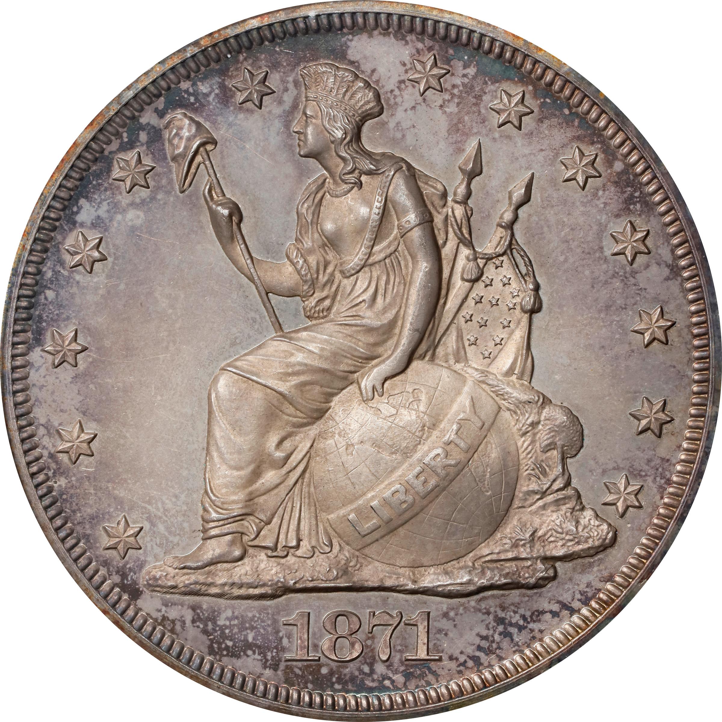 image for: 1871 Pattern Dollar. Judd-1133, Pollock-1270. Rarity-6+. Silver. Reeded Edge. Proof-64 (PCGS).