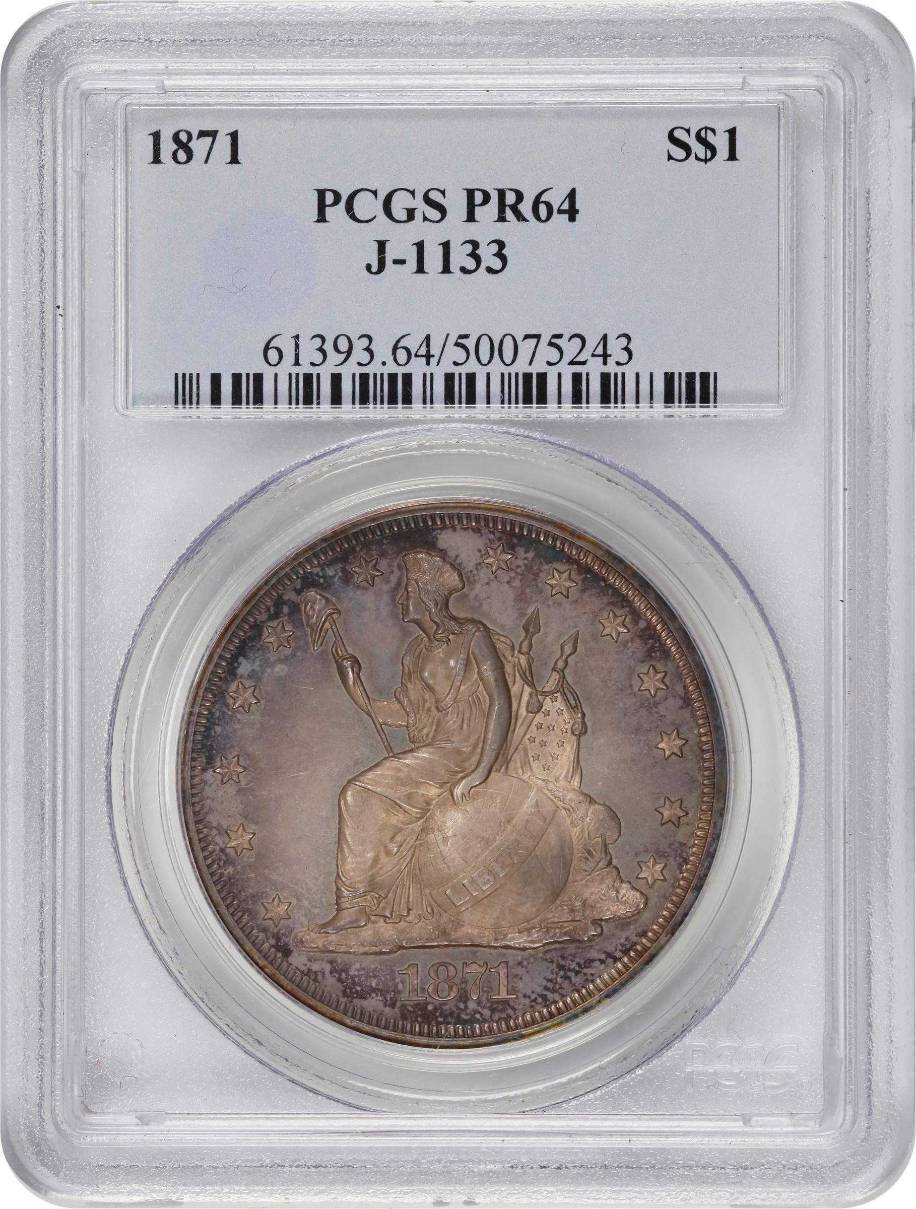 image for: 1871 Pattern Dollar. Judd-1133, Pollock-1270. Rarity-6+. Silver. Reeded Edge. Proof-64 (PCGS).