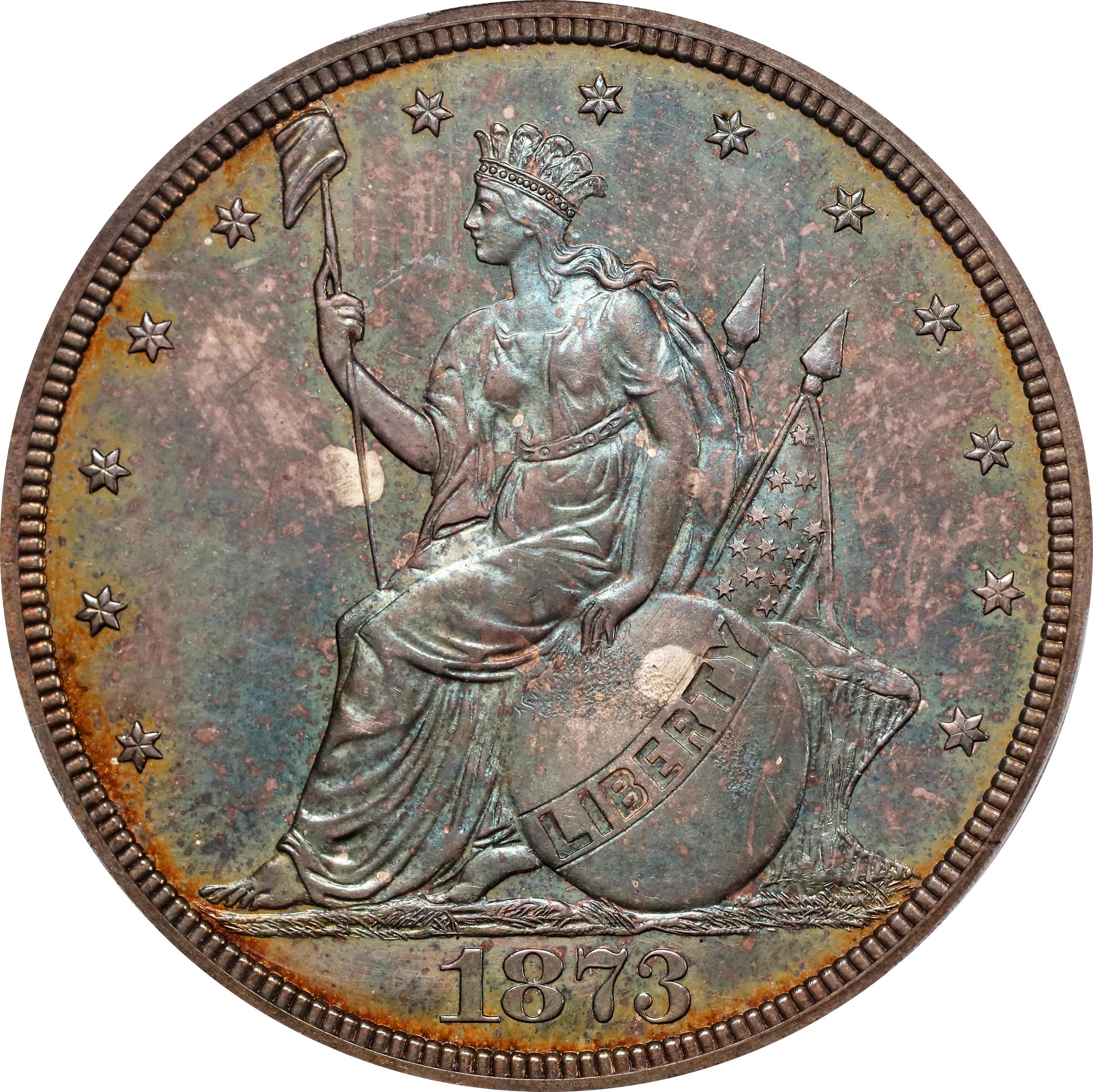 image for: 1873 Pattern Trade Dollar. Judd-1310, Pollock-1453. Rarity-4. Silver. Reeded Edge. Proof-64+ (PCGS). CAC. CMQ.