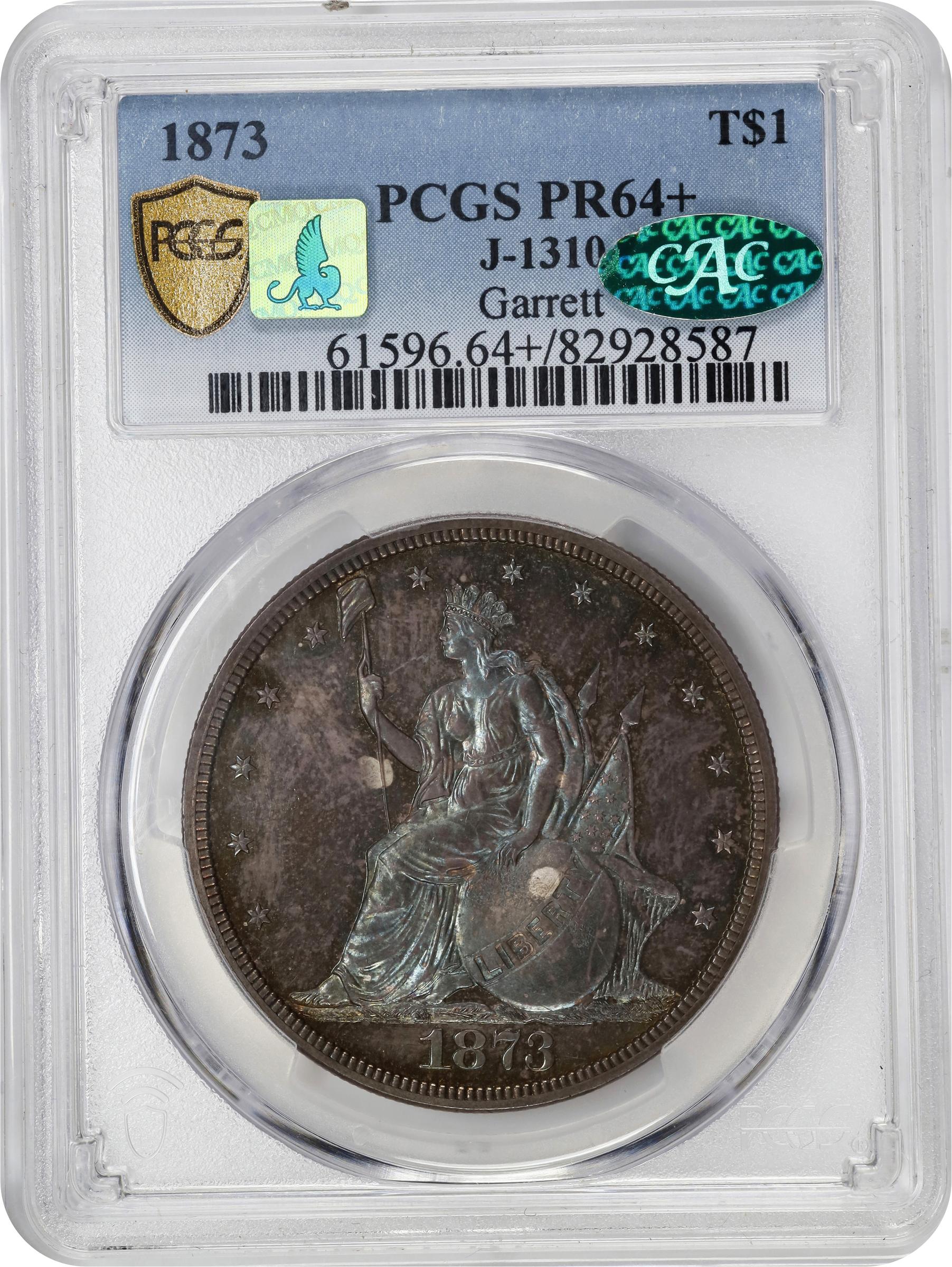 image for: 1873 Pattern Trade Dollar. Judd-1310, Pollock-1453. Rarity-4. Silver. Reeded Edge. Proof-64+ (PCGS). CAC. CMQ.
