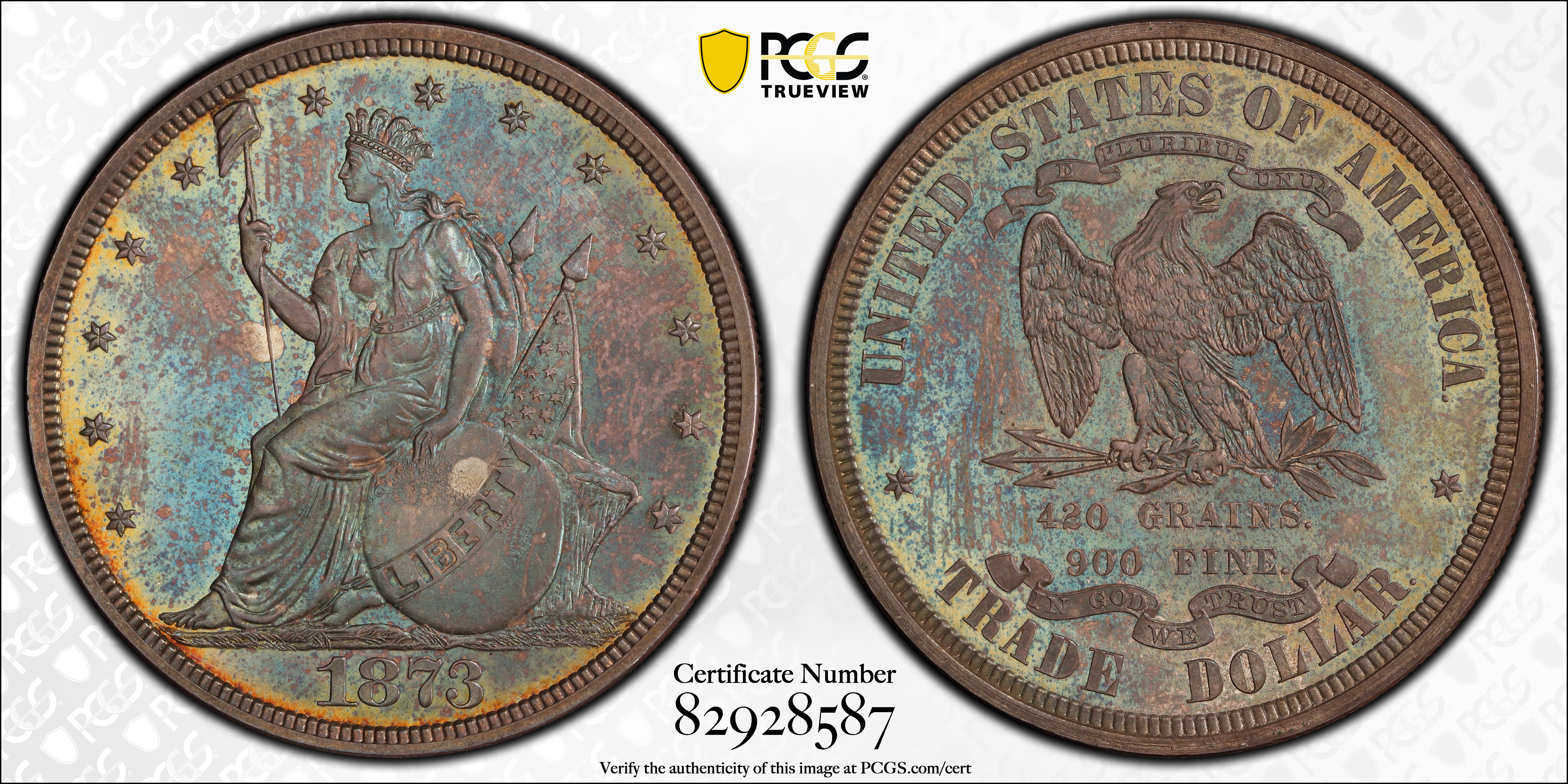 image for: 1873 Pattern Trade Dollar. Judd-1310, Pollock-1453. Rarity-4. Silver. Reeded Edge. Proof-64+ (PCGS). CAC. CMQ.