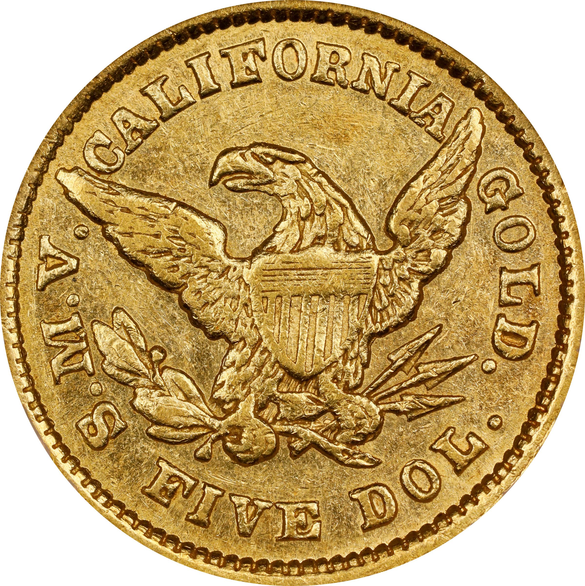 image for: 1850 Moffat & Co. $5. K-7. Rarity-4. AU-58 (NGC). CAC. CMQ.