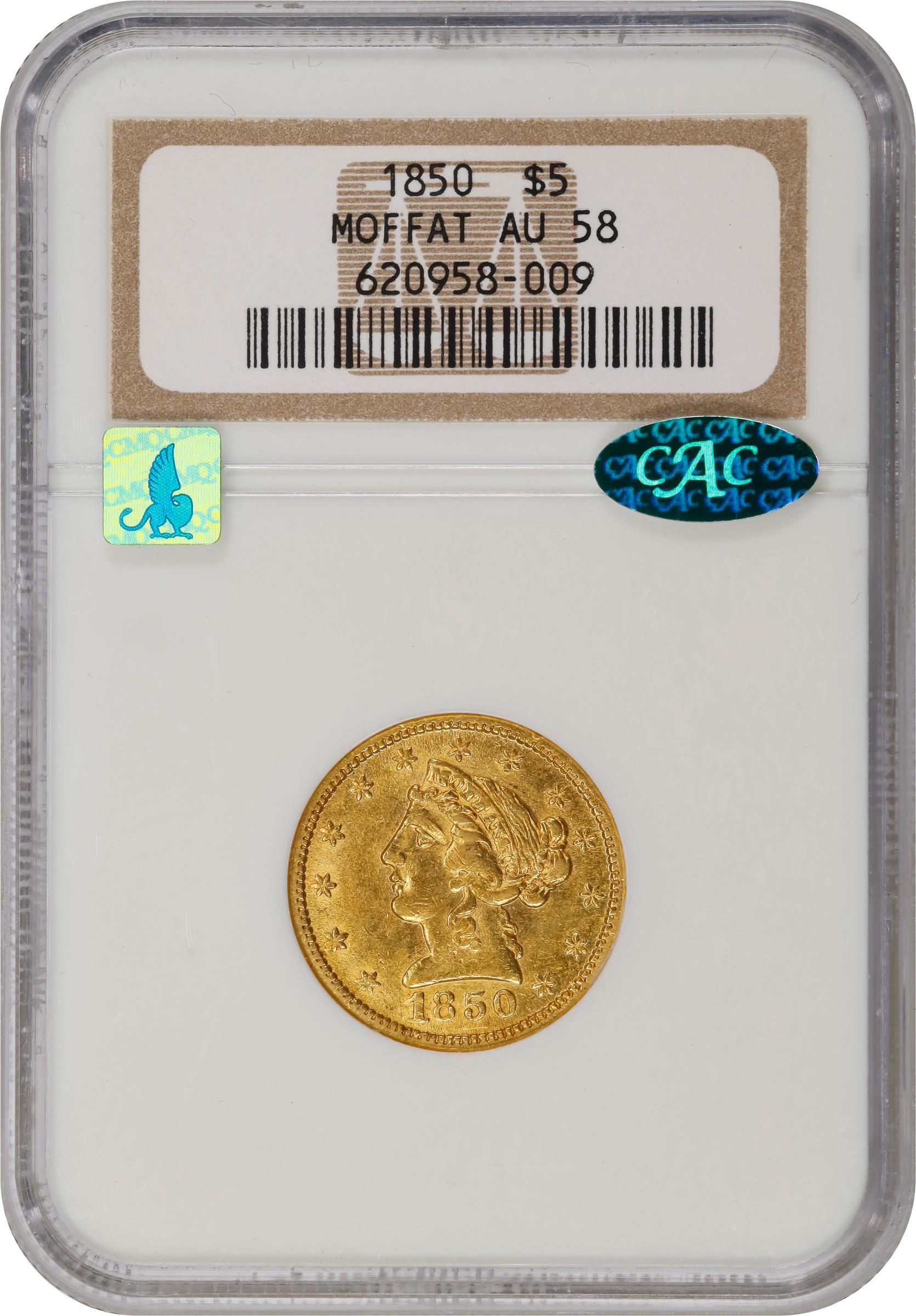 image for: 1850 Moffat & Co. $5. K-7. Rarity-4. AU-58 (NGC). CAC. CMQ.