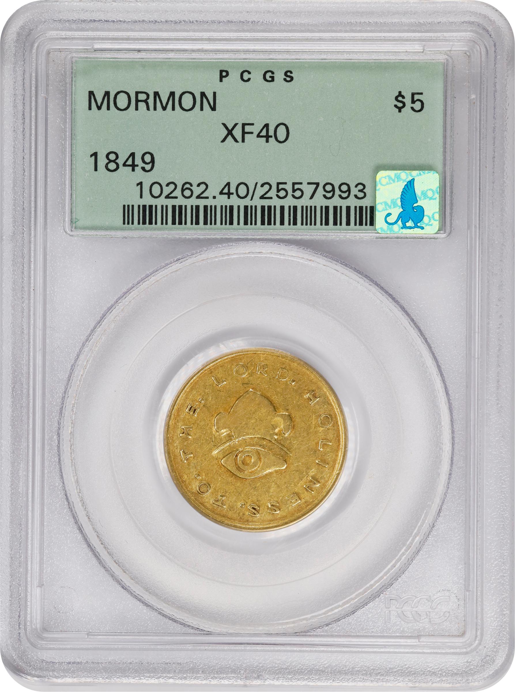 image for: 1849 Mormon $5. K-2. Rarity-4. EF-40 (PCGS). CMQ. OGH.