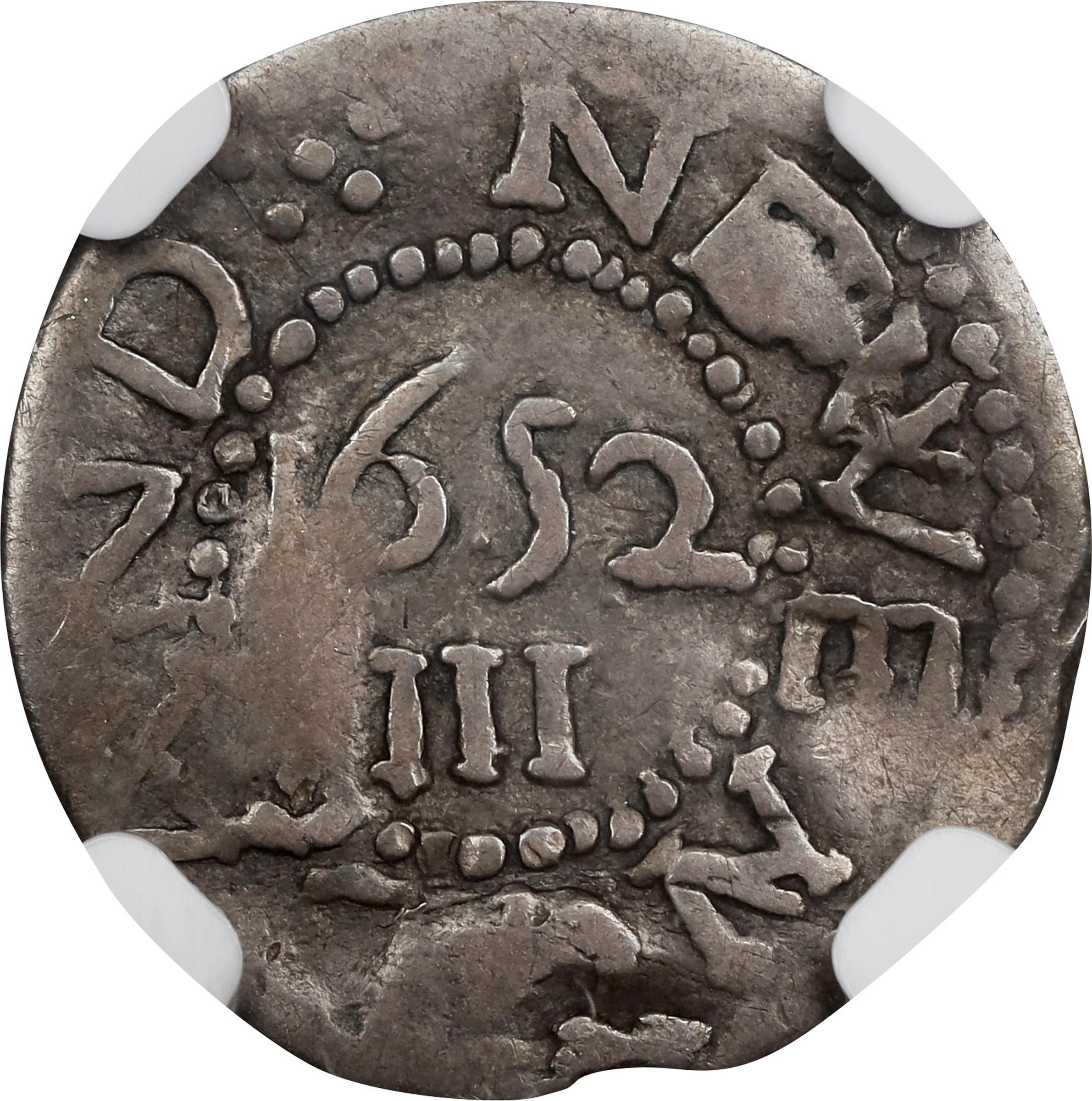 image for: 1652 Oak Tree Threepence. Noe-27, Salmon 5-Aii, W-300. Rarity-5. No IN on Obverse. VF-20 (NGC).