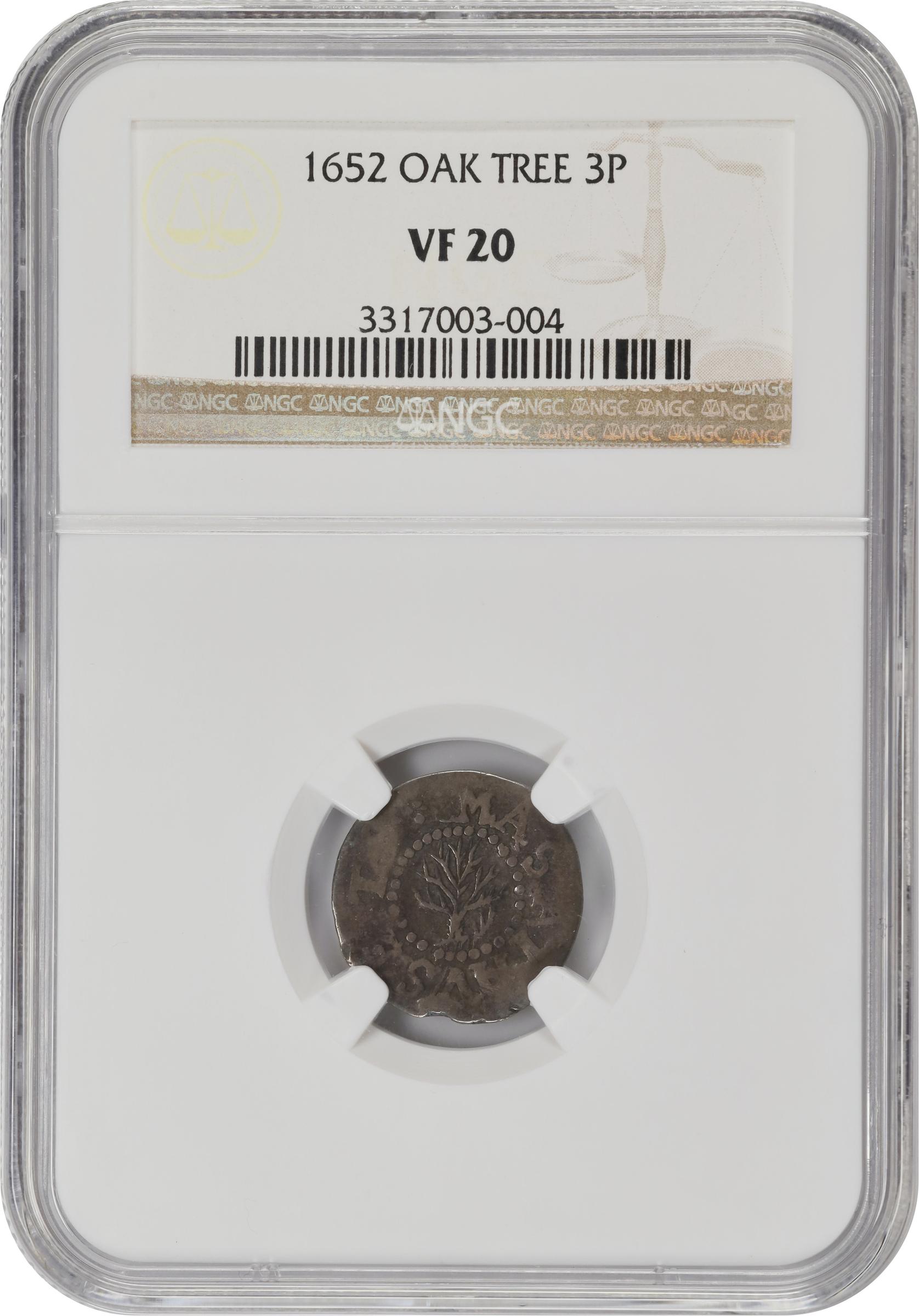 image for: 1652 Oak Tree Threepence. Noe-27, Salmon 5-Aii, W-300. Rarity-5. No IN on Obverse. VF-20 (NGC).