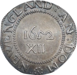 image for: 1652 Pine Tree Shilling. Large Planchet. Noe-1, Salmon 1-A, W-690. Rarity-2. Pellets at Trunk. AU-53 (PCGS).